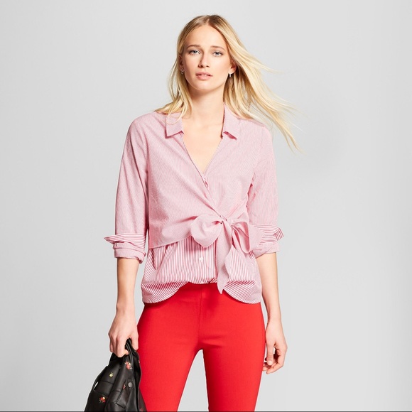 Who What Wear Tops - Striped Long Sleeve Contrast Wrap Shirt